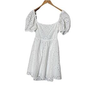 Zara Eyelet Lace Dress M White puff Sleeve Lined Round Neck mini angelcore sun